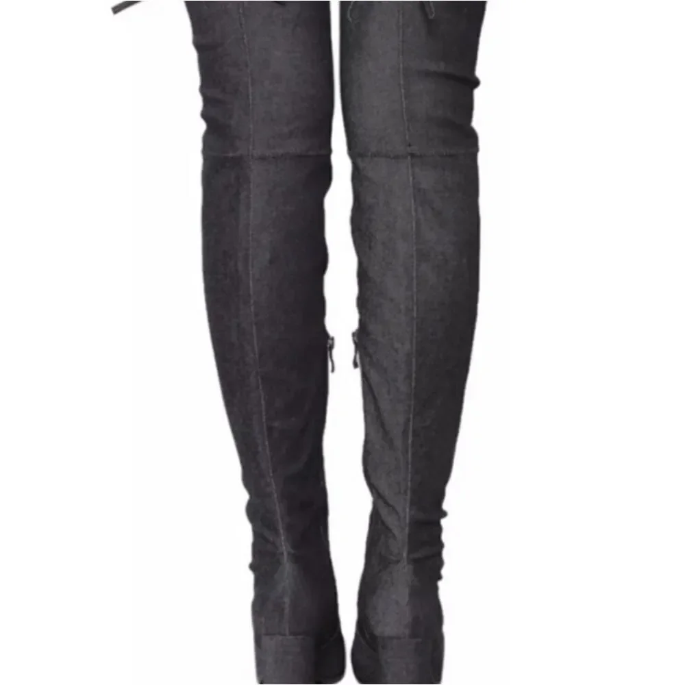 BLACK DENIM OVER THE KNEE BLOCK PLASFORM HEEL BOOT